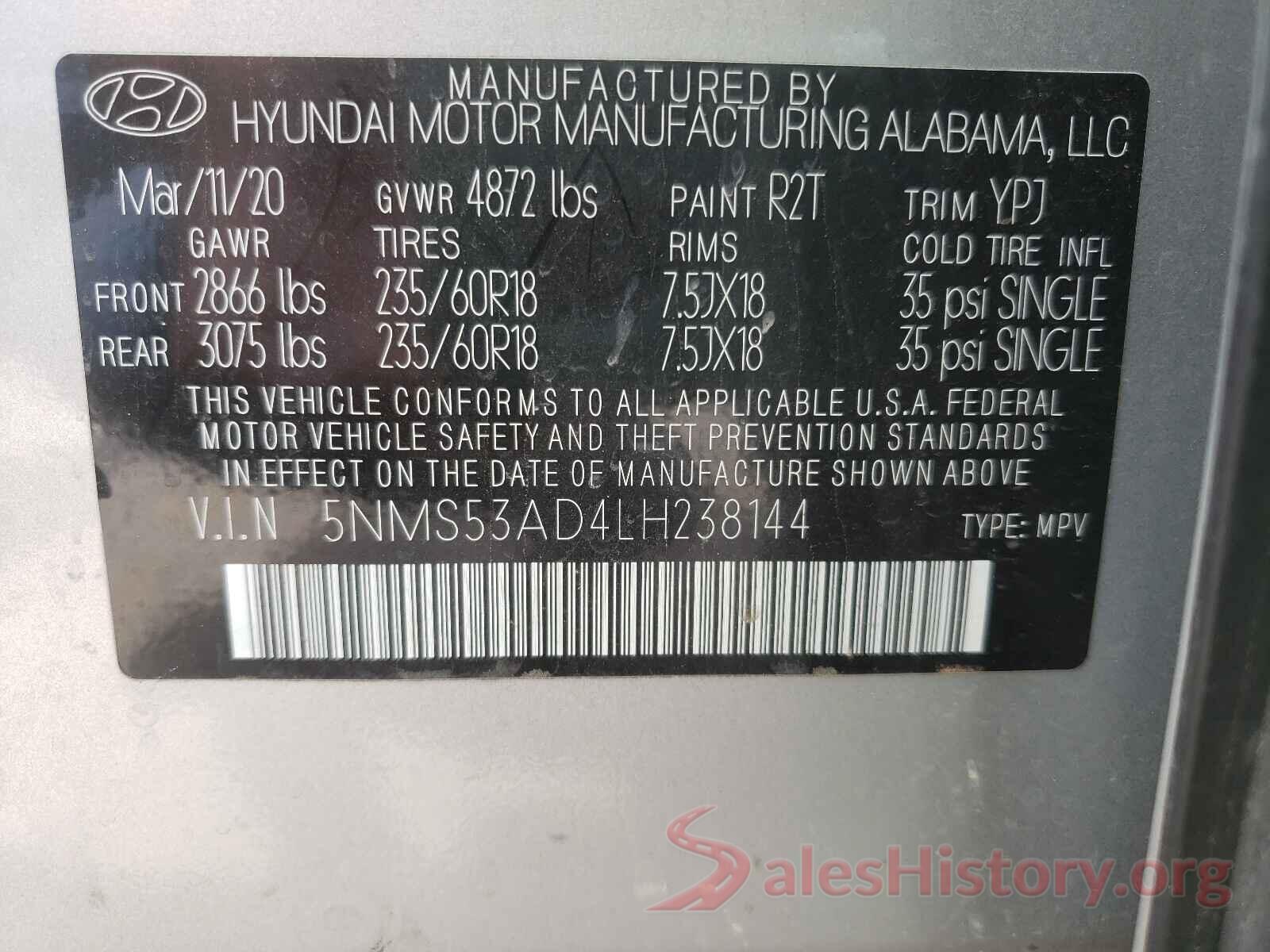 5NMS53AD4LH238144 2020 HYUNDAI SANTA FE