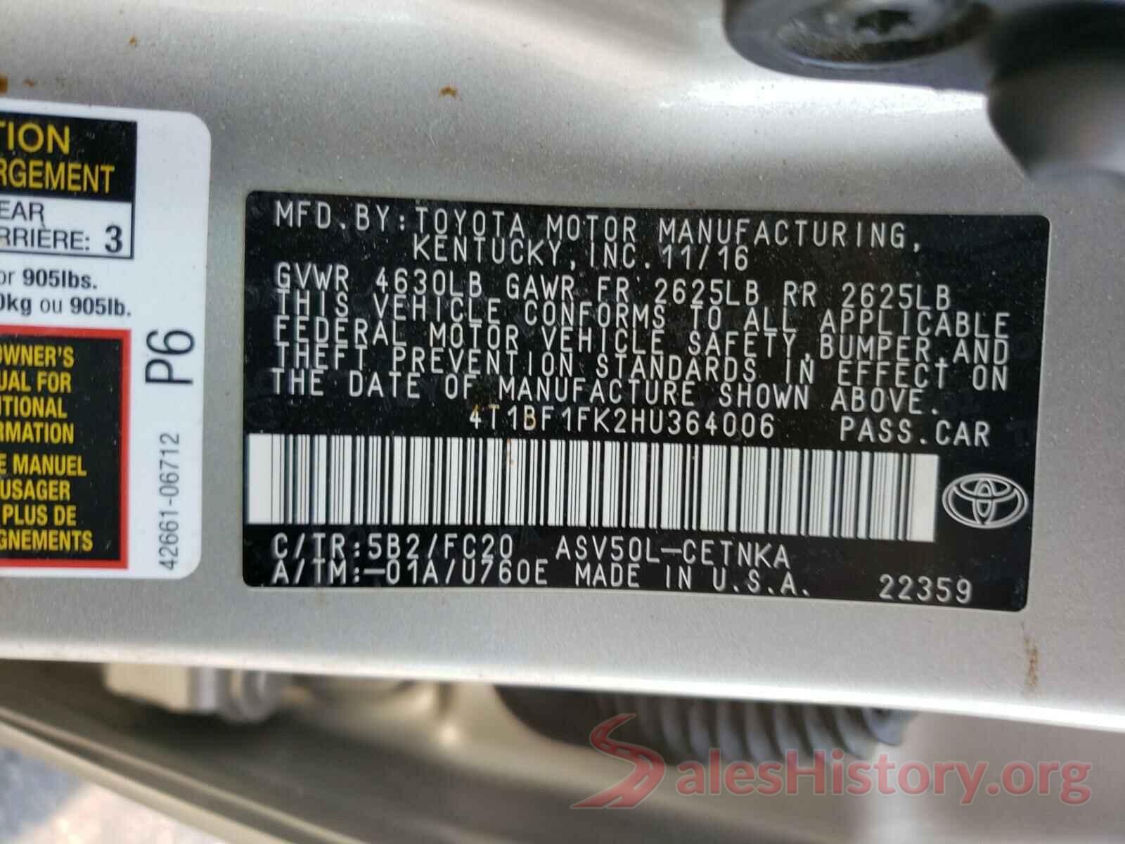 4T1BF1FK2HU364006 2017 TOYOTA CAMRY