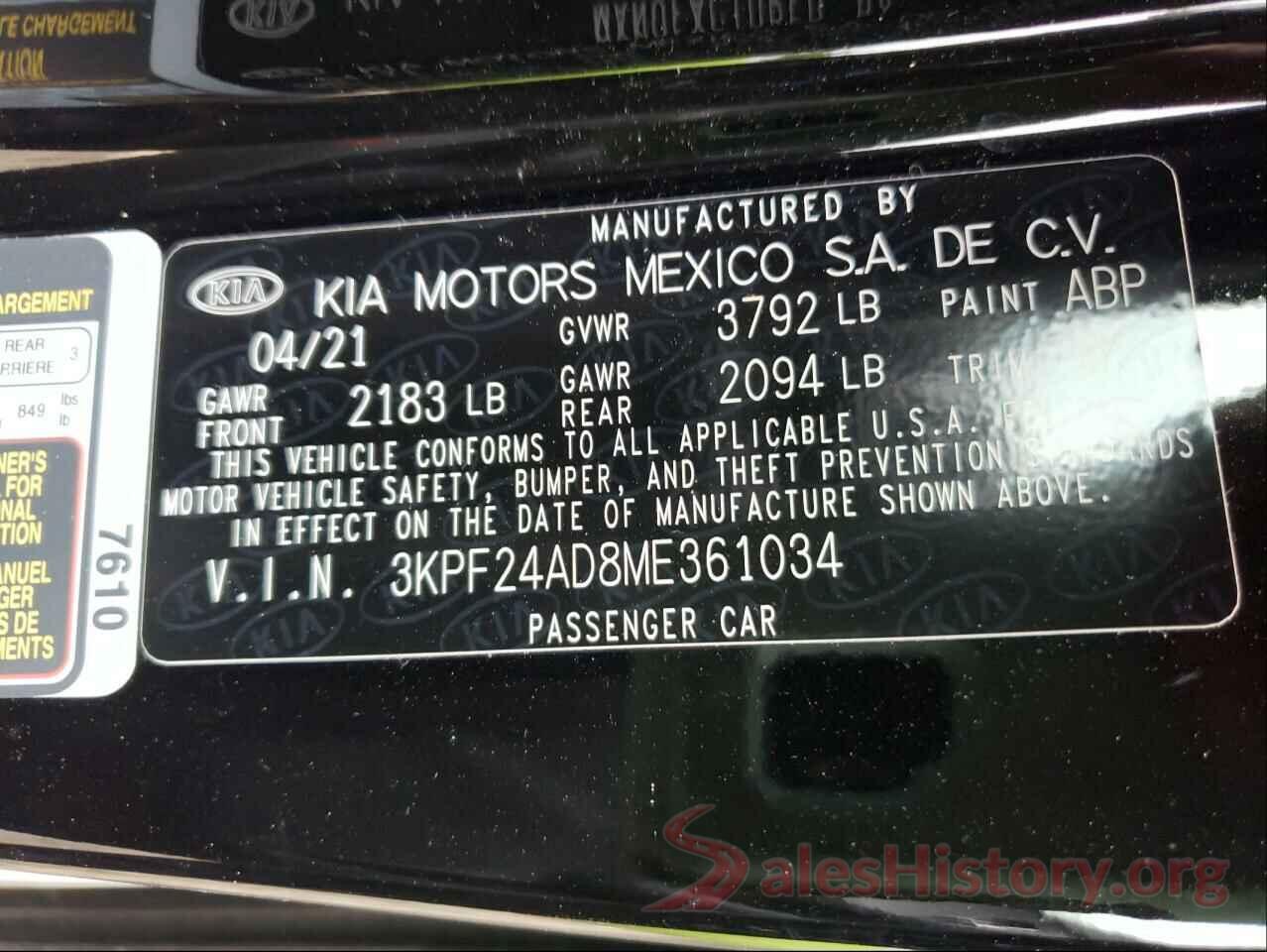 3KPF24AD8ME361034 2021 KIA FORTE