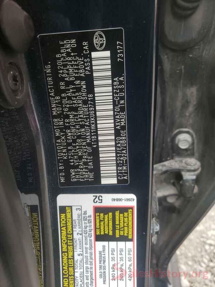 4T1B11HKXKU697718 2019 TOYOTA CAMRY