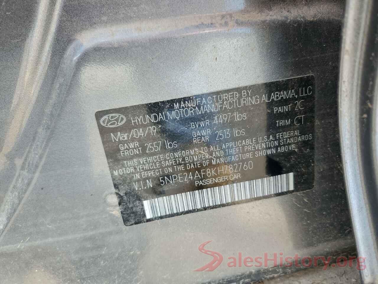 5NPE24AF8KH782760 2019 HYUNDAI SONATA