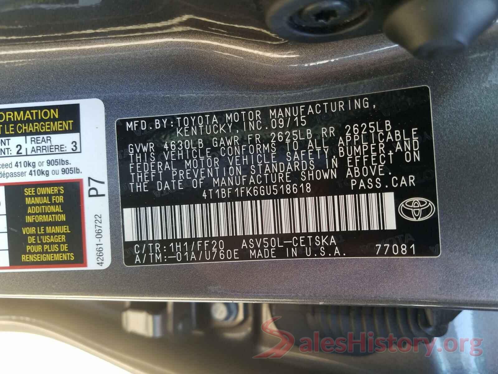 4T1BF1FK6GU518618 2016 TOYOTA CAMRY