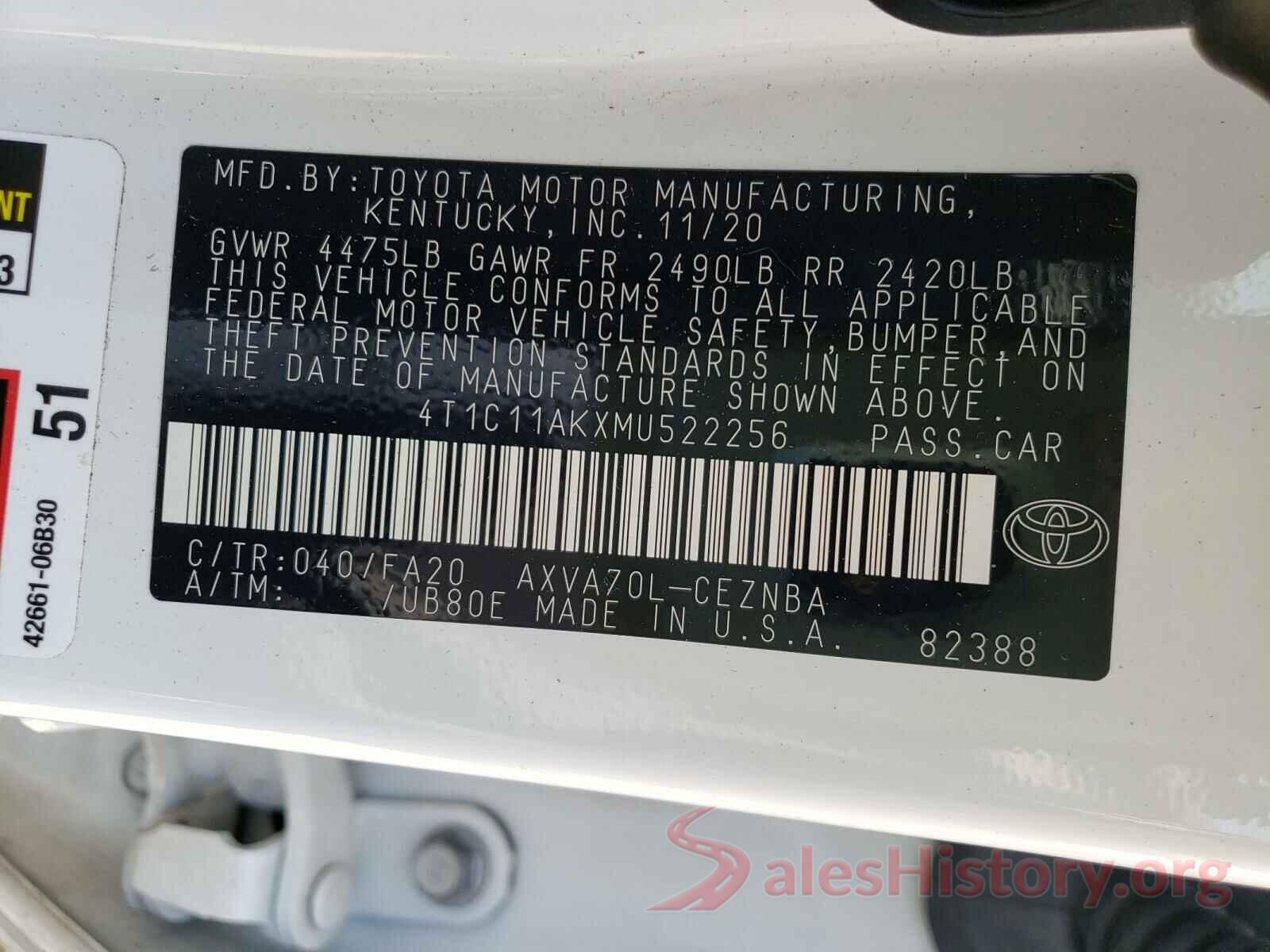 4T1C11AKXMU522256 2021 TOYOTA CAMRY