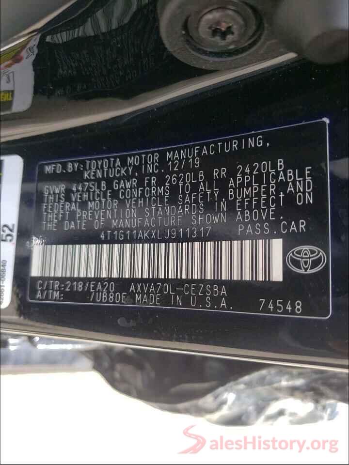 4T1G11AKXLU911317 2020 TOYOTA CAMRY