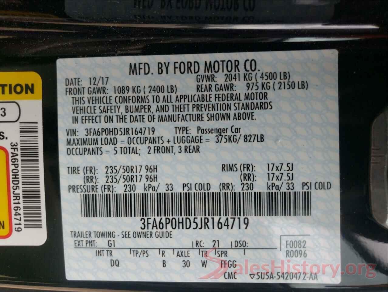 3FA6P0HD5JR164719 2018 FORD FUSION