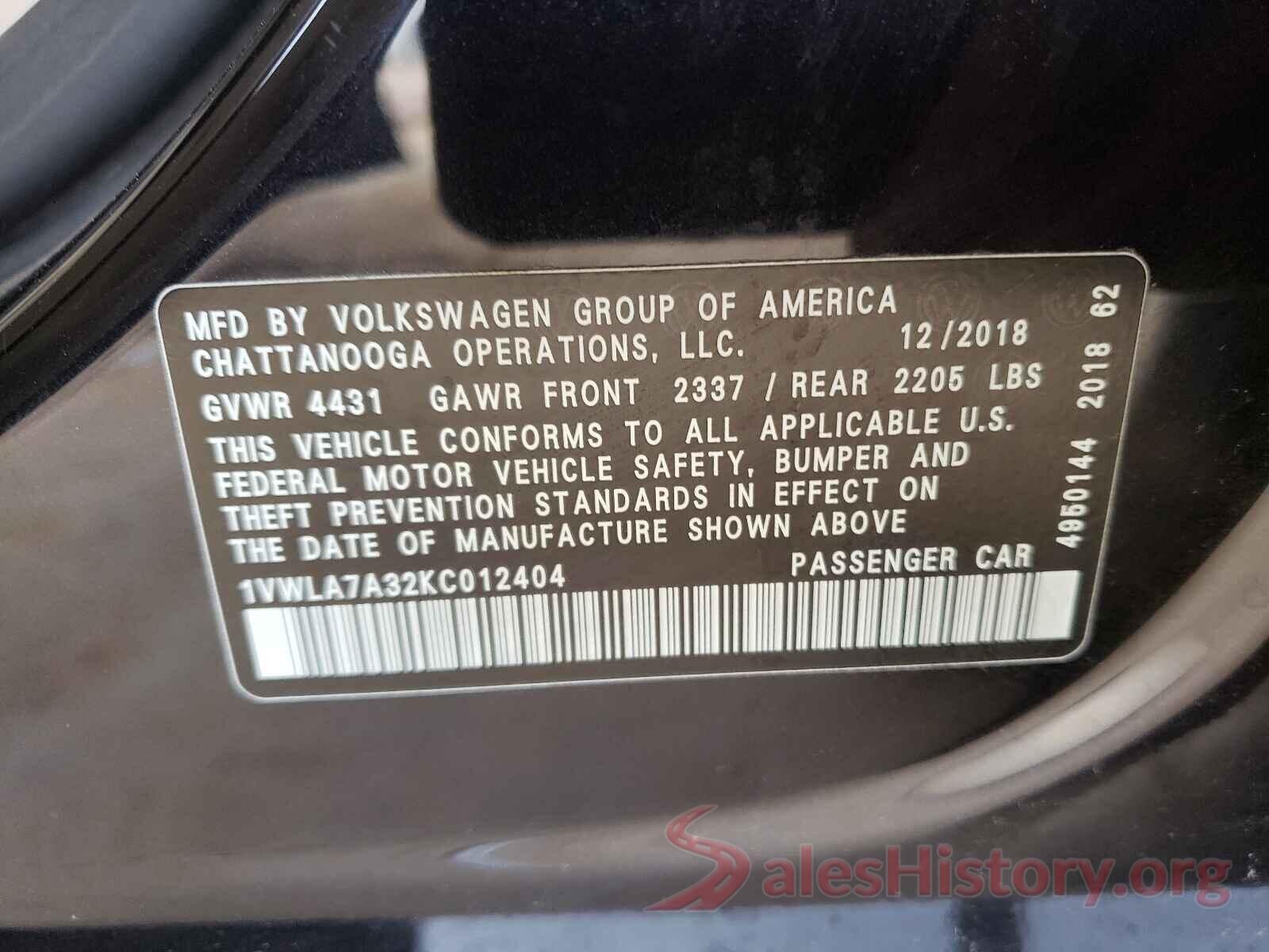 1VWLA7A32KC012404 2019 VOLKSWAGEN PASSAT