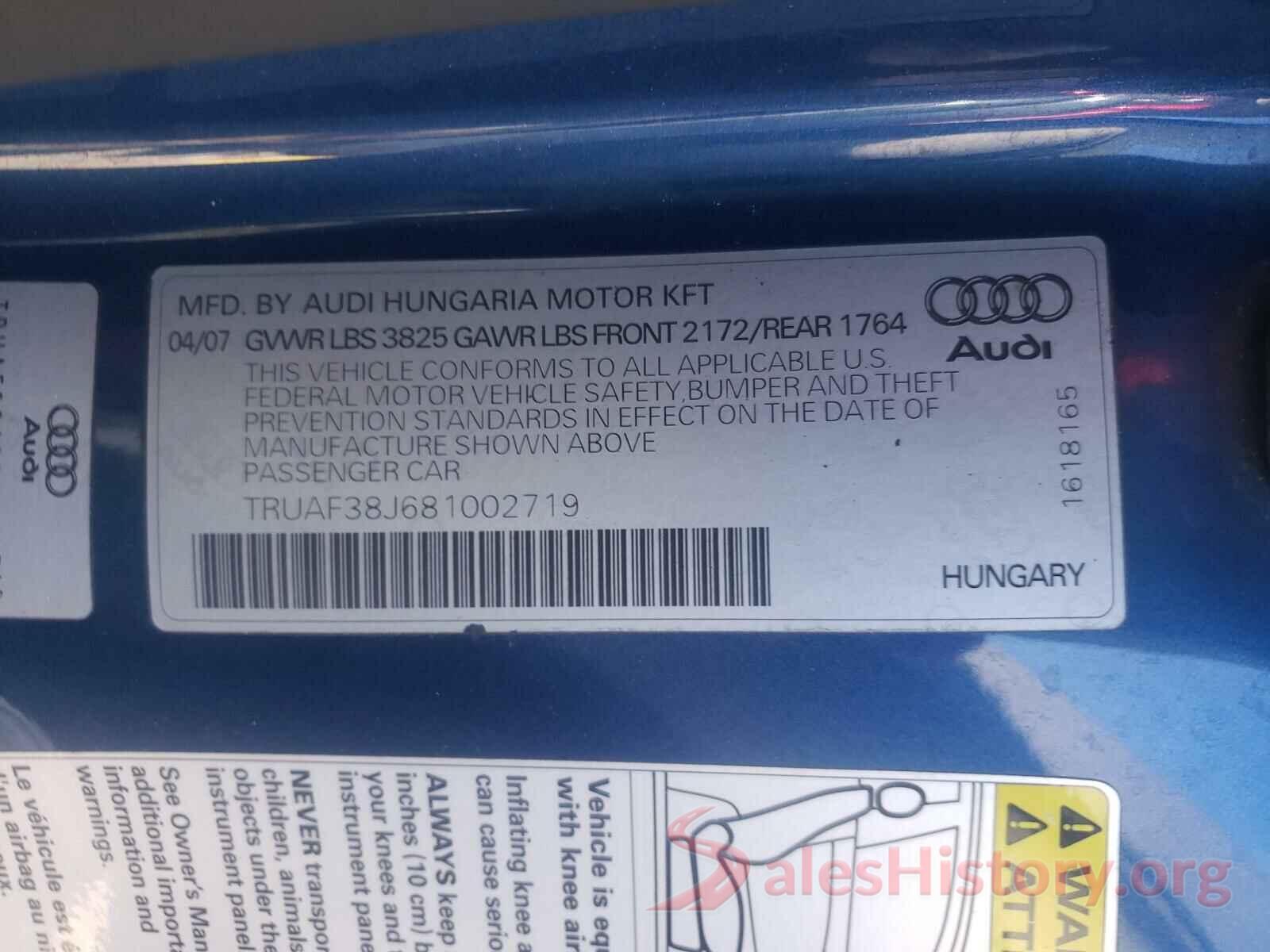 TRUAF38J681002719 2008 AUDI TT