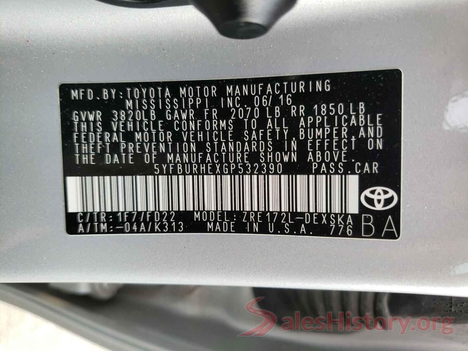 5YFBURHEXGP532390 2016 TOYOTA COROLLA