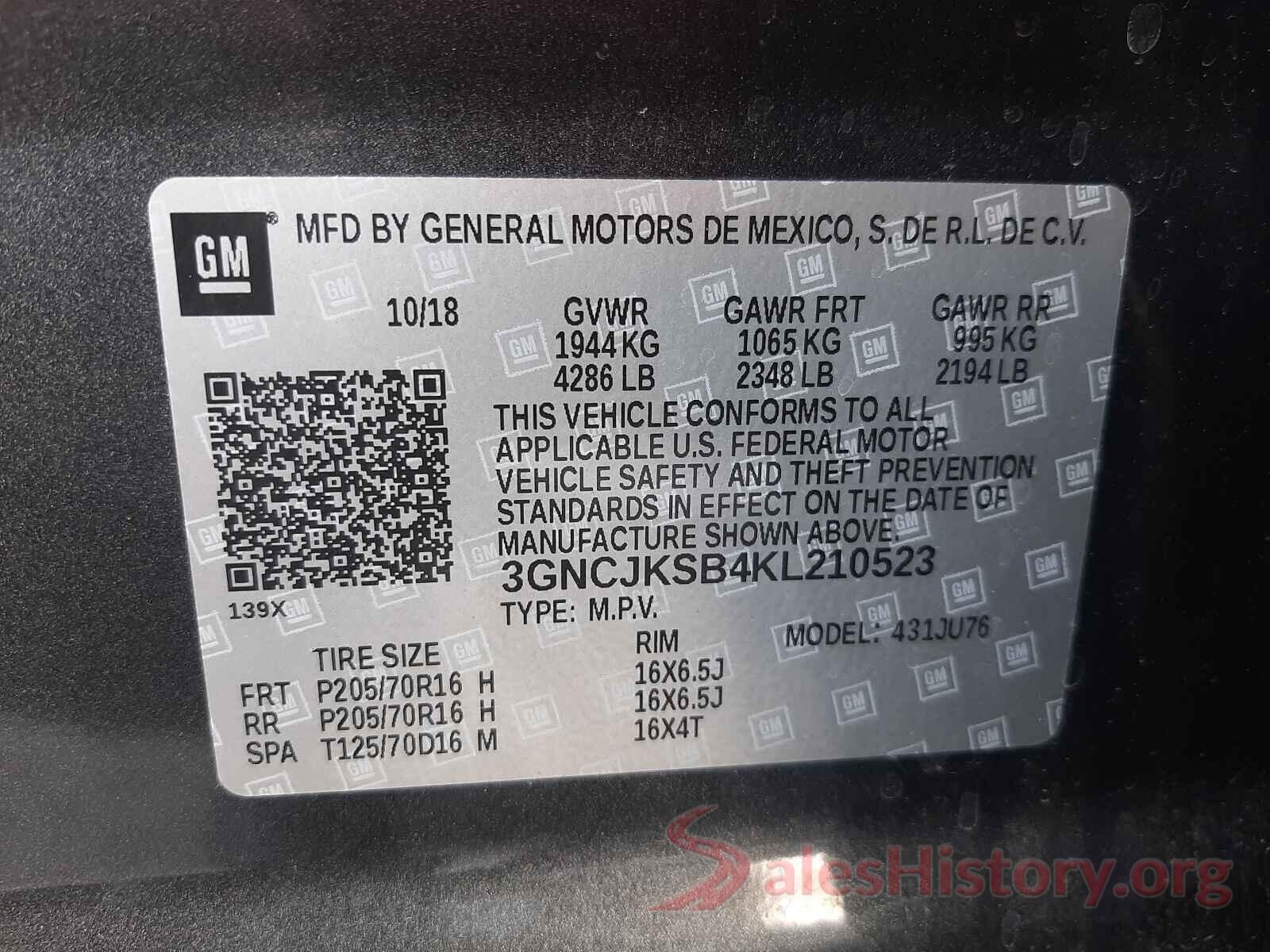 3GNCJKSB4KL210523 2019 CHEVROLET TRAX