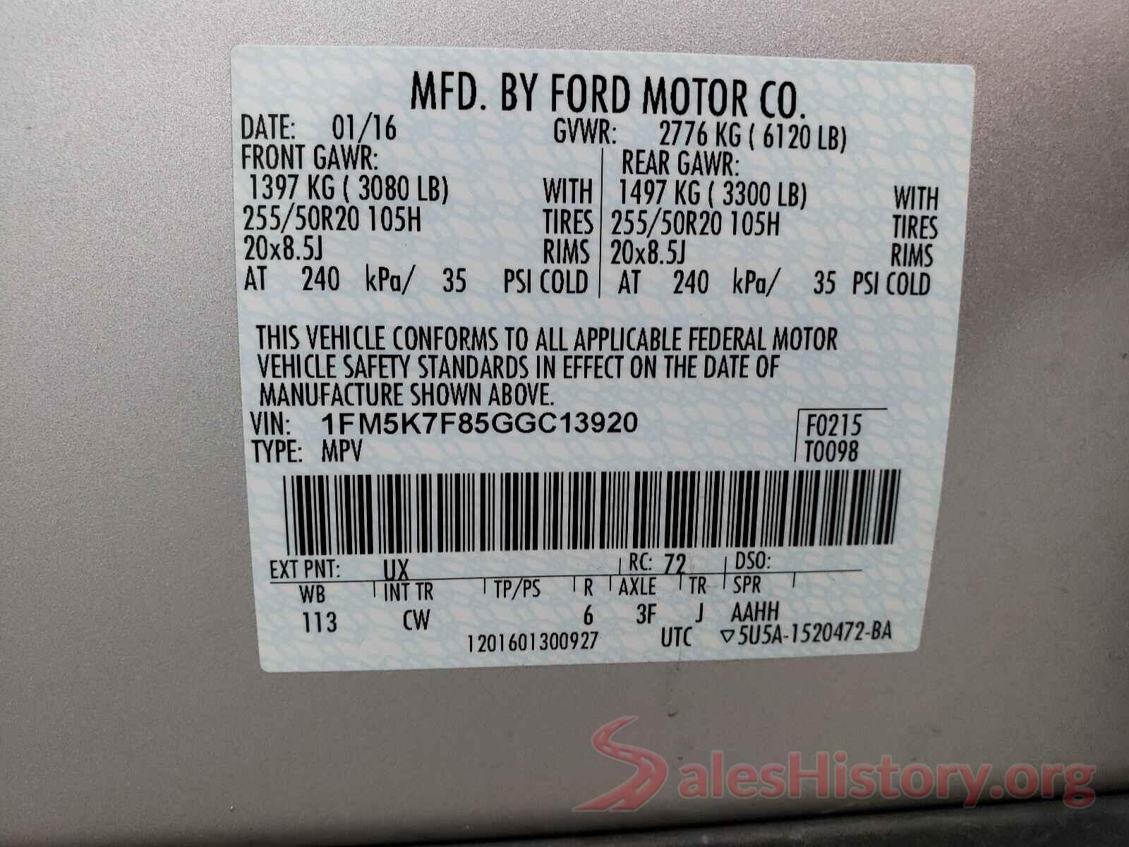 1FM5K7F85GGC13920 2016 FORD EXPLORER