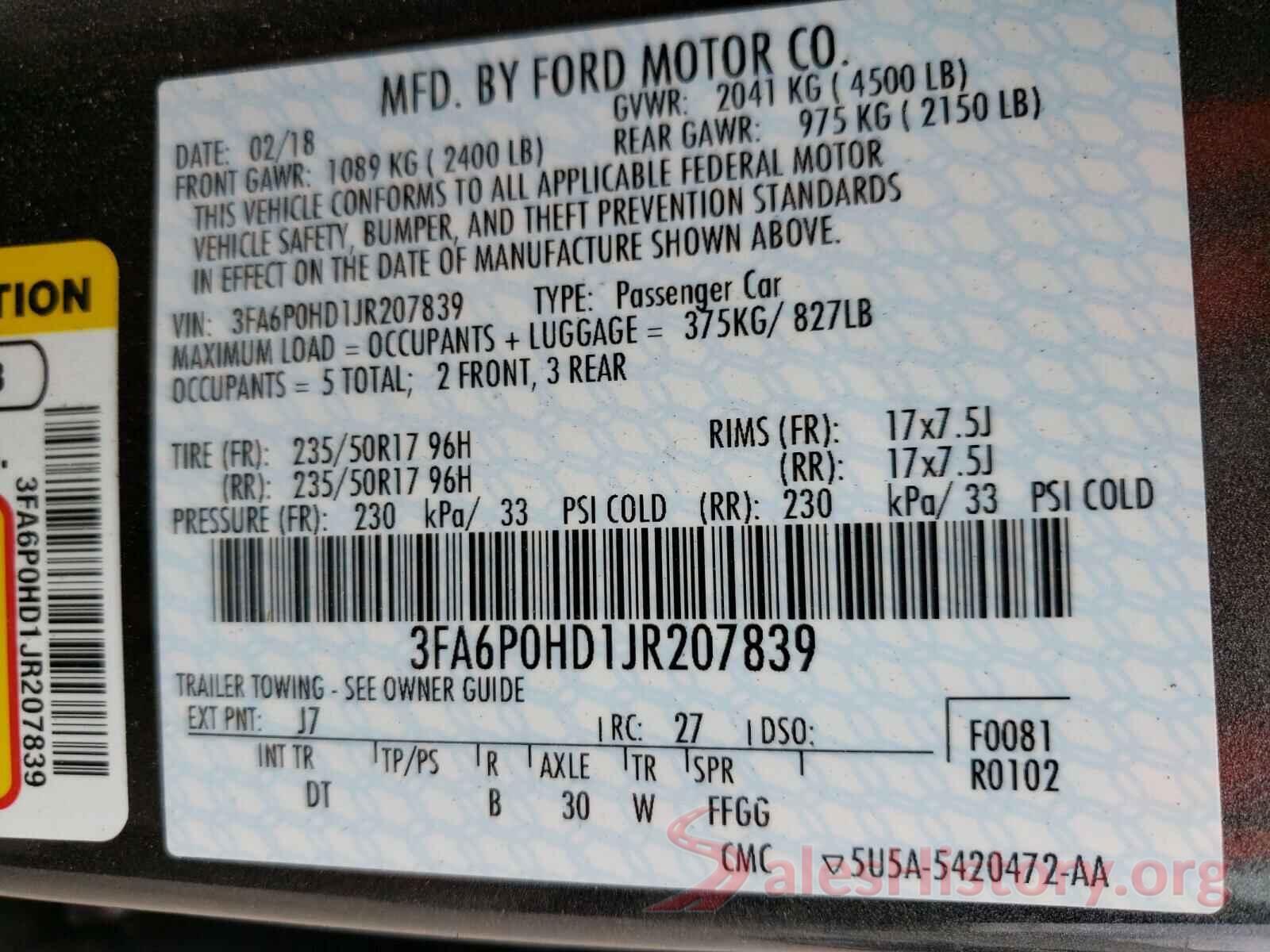 3FA6P0HD1JR207839 2018 FORD FUSION