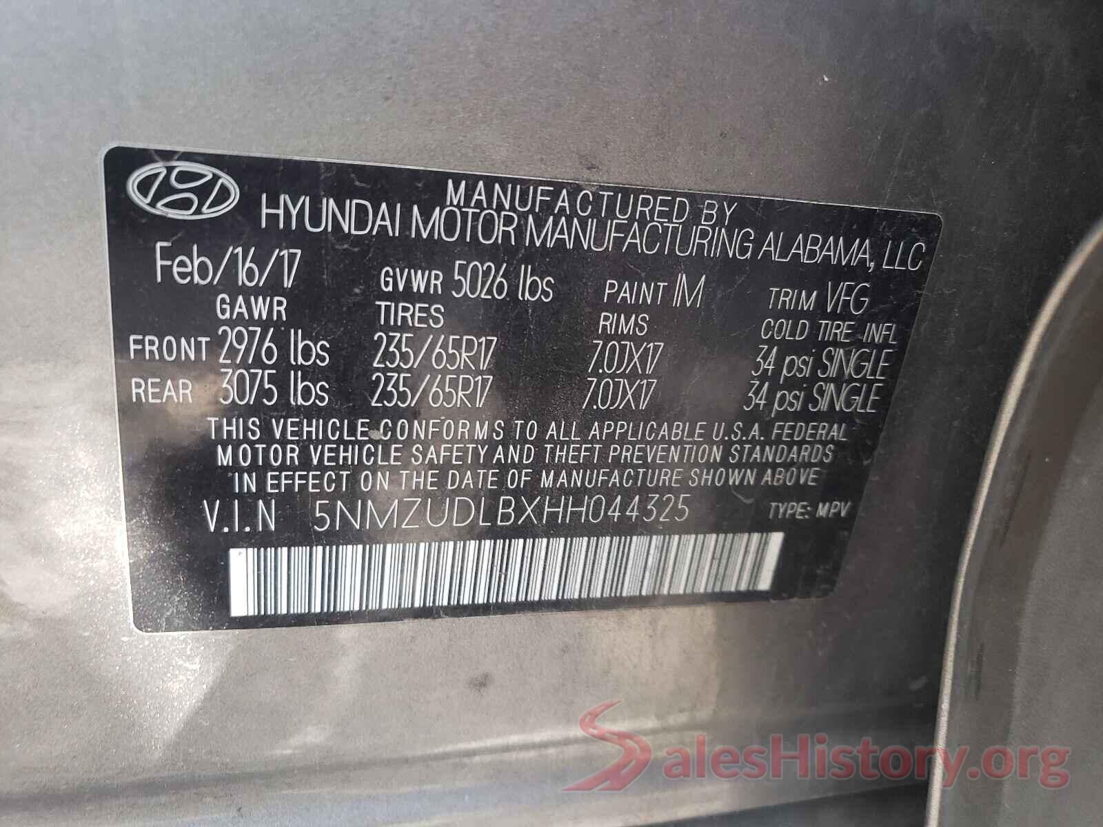 5NMZUDLBXHH044325 2017 HYUNDAI SANTA FE