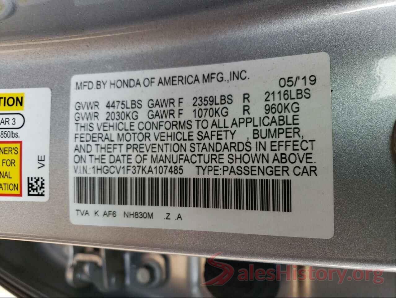 1HGCV1F37KA107485 2019 HONDA ACCORD