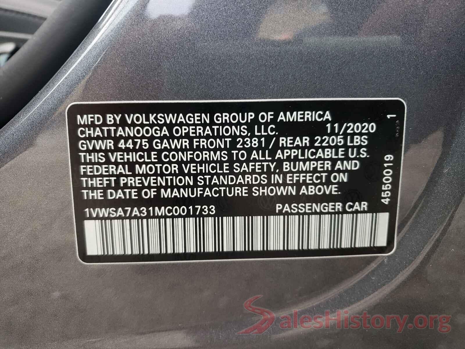 1VWSA7A31MC001733 2021 VOLKSWAGEN PASSAT