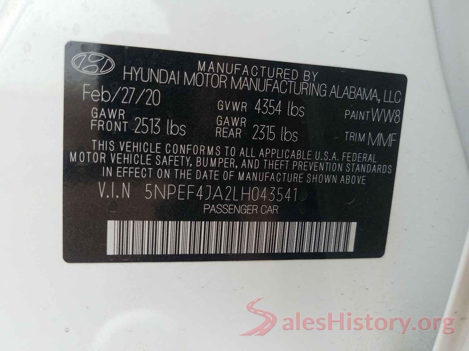 5NPEF4JA2LH043541 2020 HYUNDAI SONATA