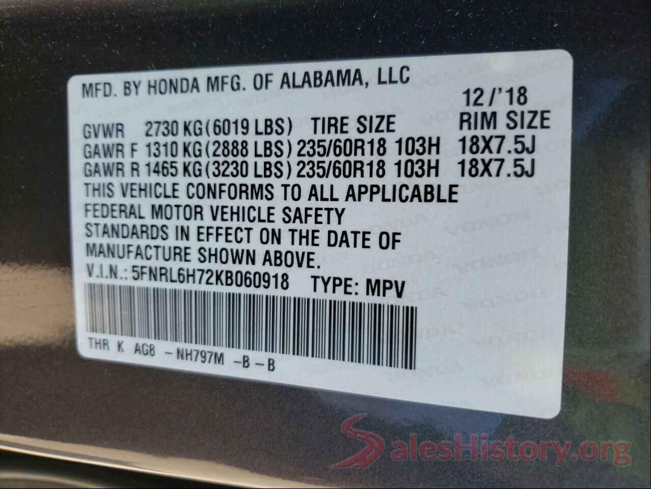 5FNRL6H72KB060918 2019 HONDA ODYSSEY