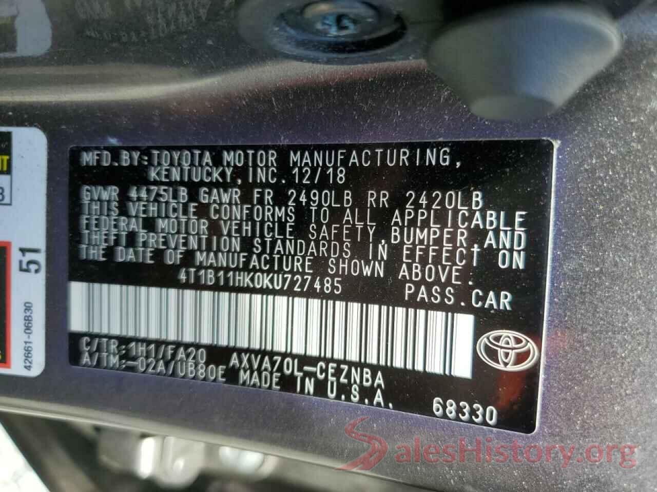 4T1B11HK0KU727485 2019 TOYOTA CAMRY