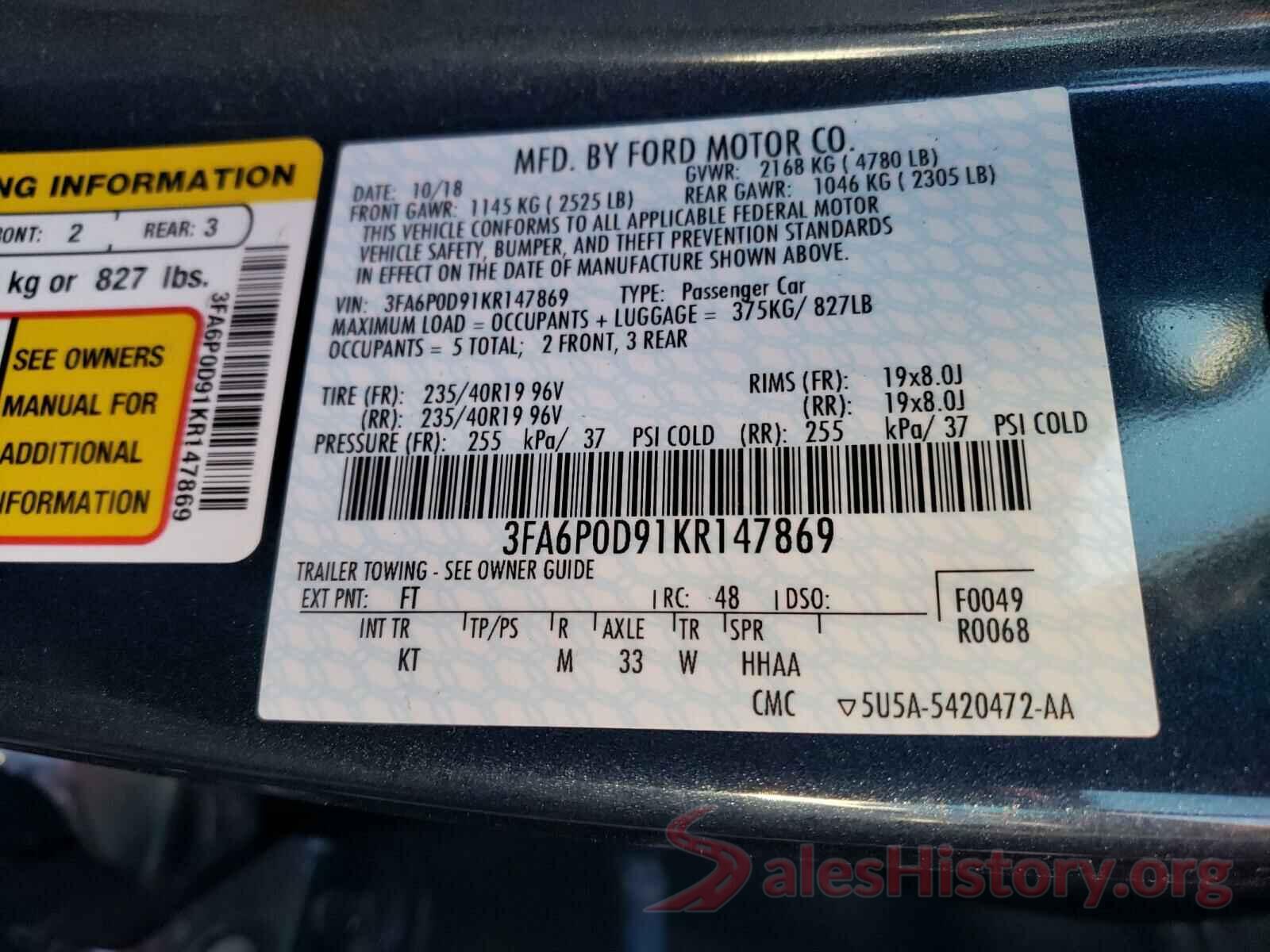 3FA6P0D91KR147869 2019 FORD FUSION