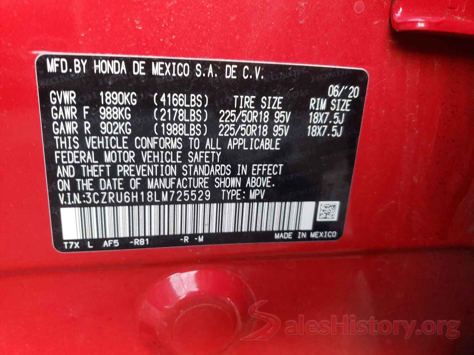 3CZRU6H18LM725529 2020 HONDA HR-V