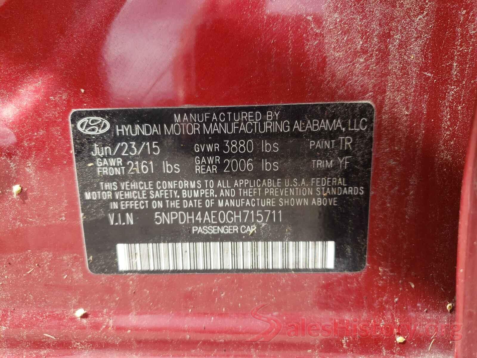 5NPDH4AE0GH715711 2016 HYUNDAI ELANTRA