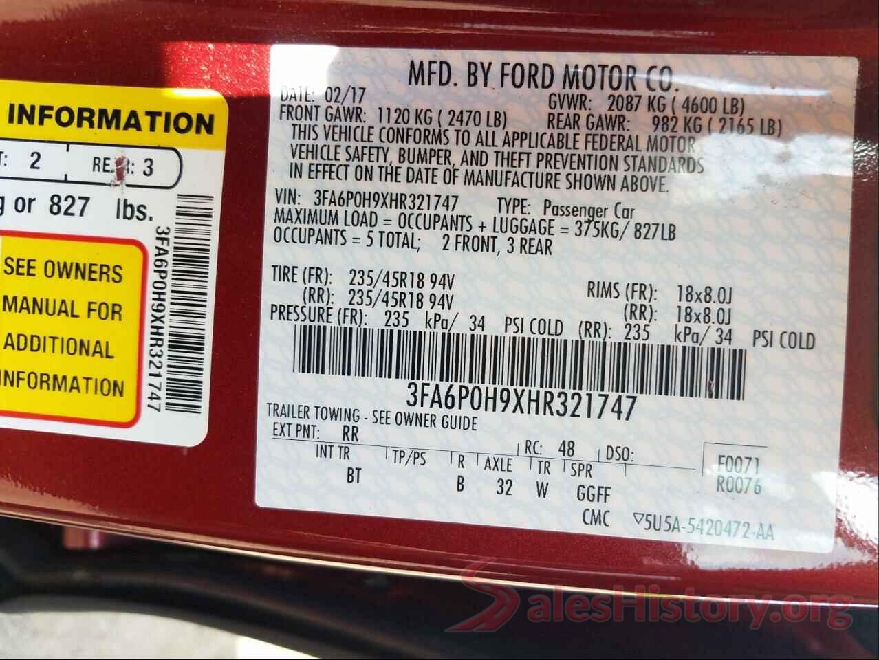 3FA6P0H9XHR321747 2017 FORD FUSION