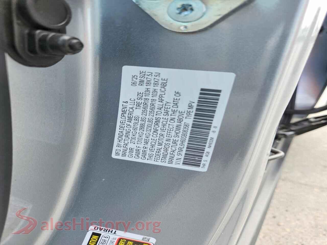 2025 HONDA ODYSSEY VIN 5FNRL6H60SB083587, damage close-up