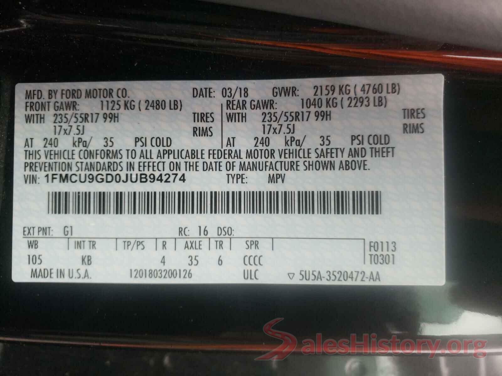 1FMCU9GD0JUB94274 2018 FORD ESCAPE