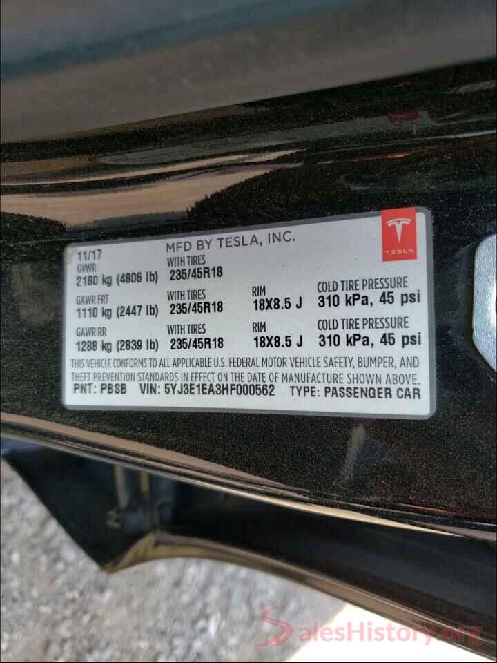 5YJ3E1EA3HF000562 2017 TESLA MODEL 3