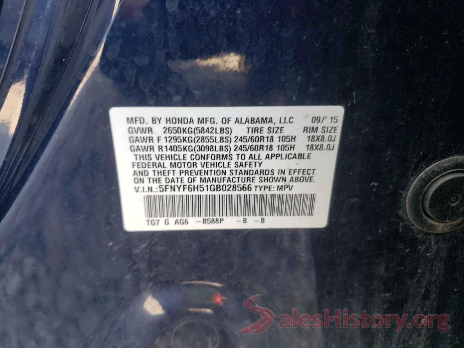 5FNYF6H51GB028566 2016 HONDA PILOT