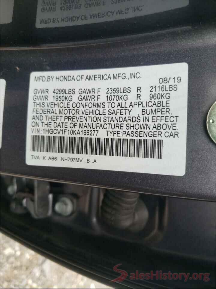 1HGCV1F10KA166277 2019 HONDA ACCORD