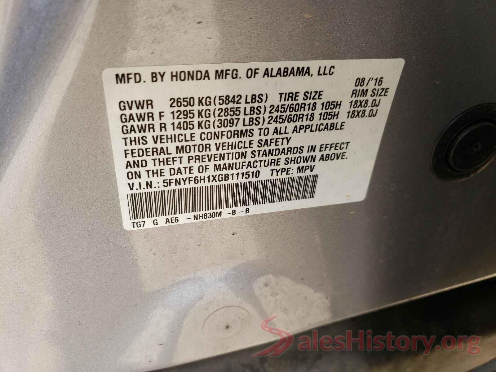 5FNYF6H1XGB111510 2016 HONDA PILOT