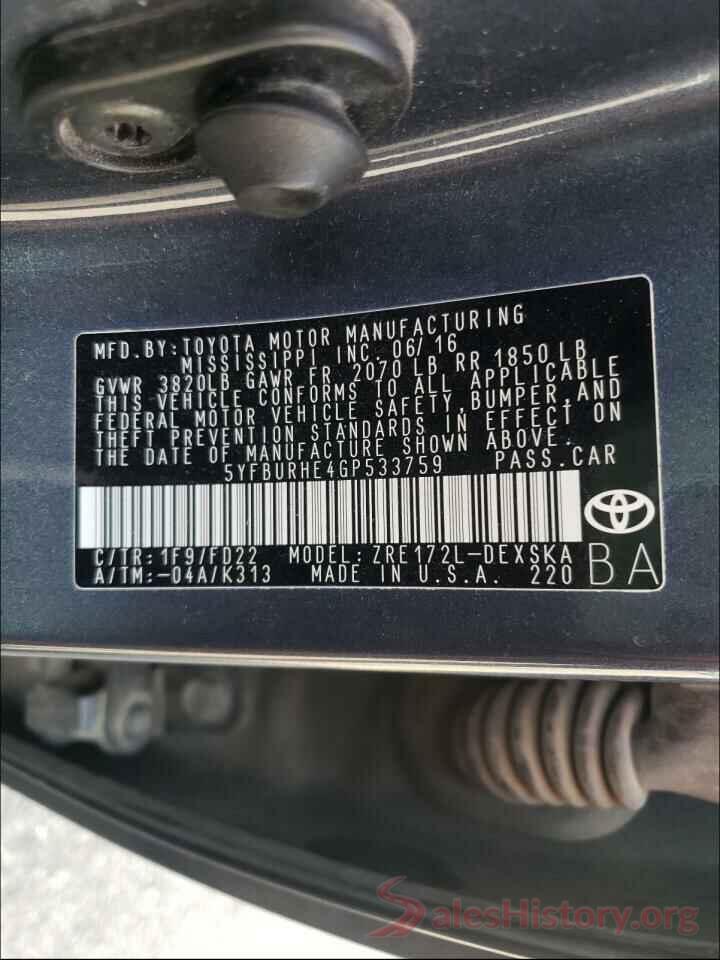 5YFBURHE4GP533759 2016 TOYOTA COROLLA