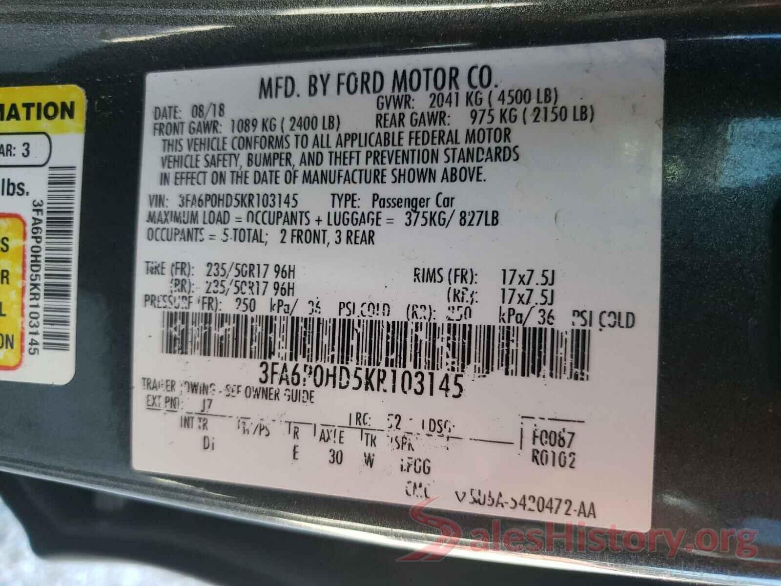 3FA6P0HD5KR103145 2019 FORD FUSION