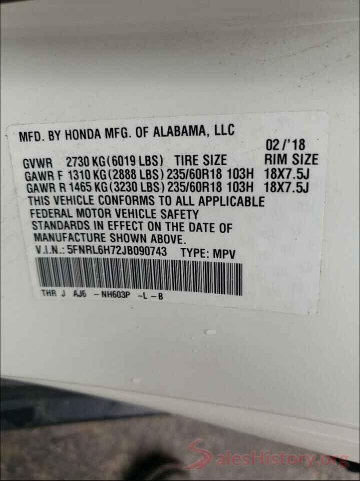 5FNRL6H72JB090743 2018 HONDA ODYSSEY