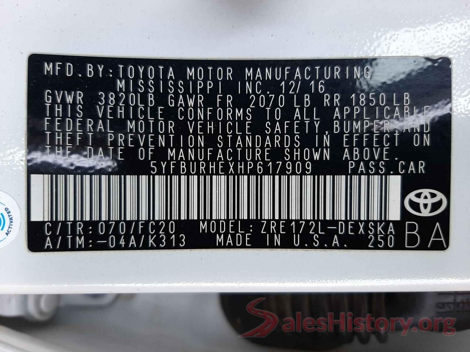 5YFBURHEXHP617909 2017 TOYOTA COROLLA