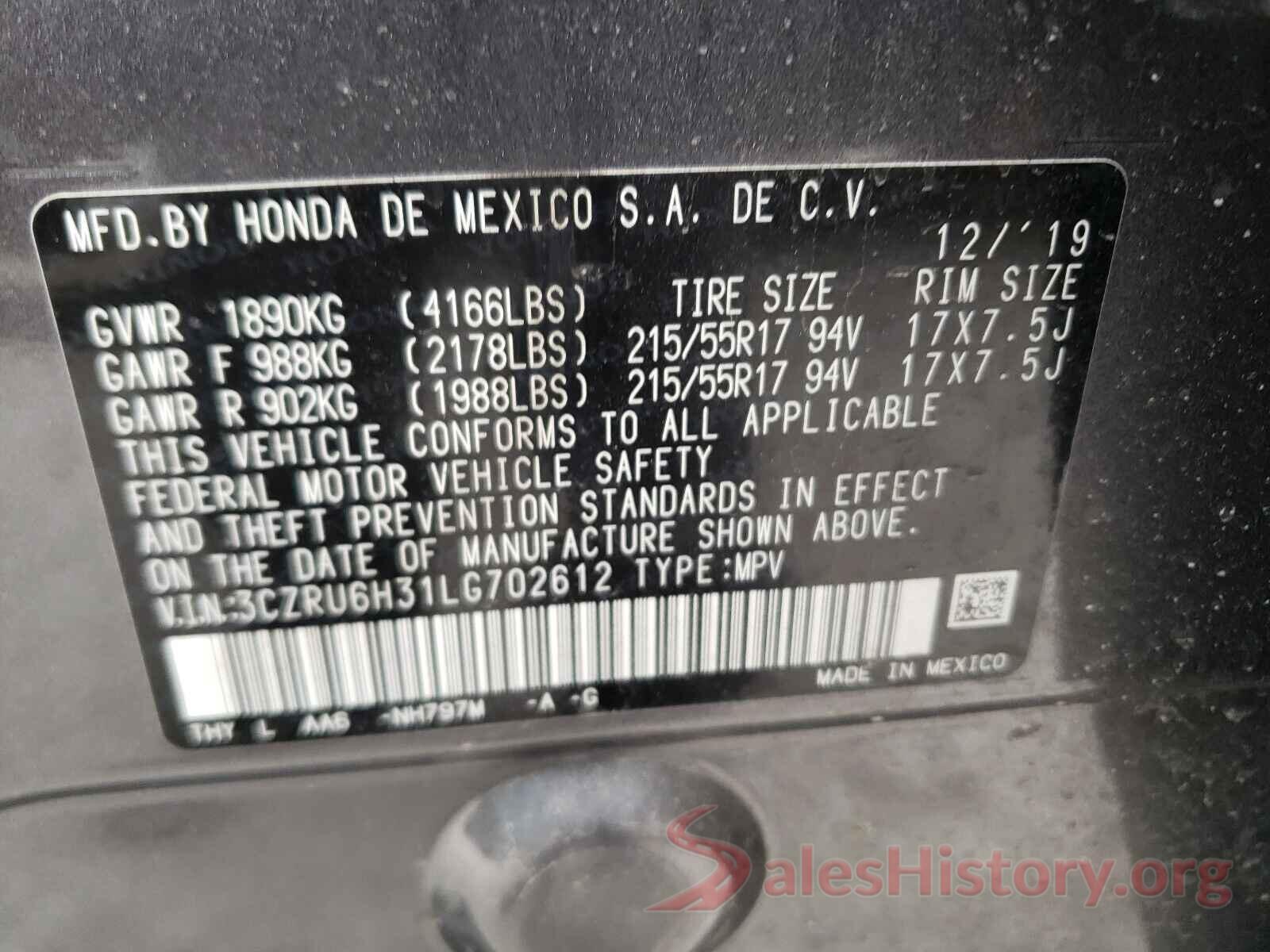 3CZRU6H31LG702612 2020 HONDA HR-V