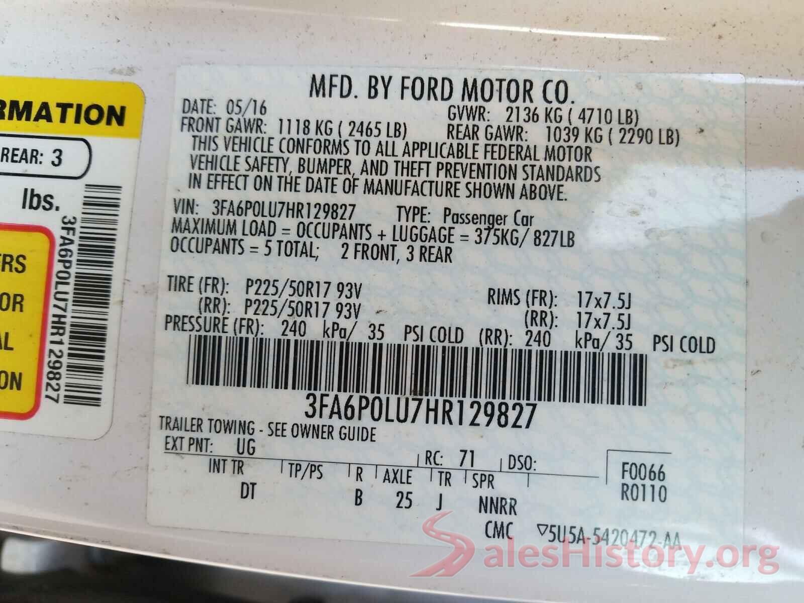 3FA6P0LU7HR129827 2017 FORD FUSION