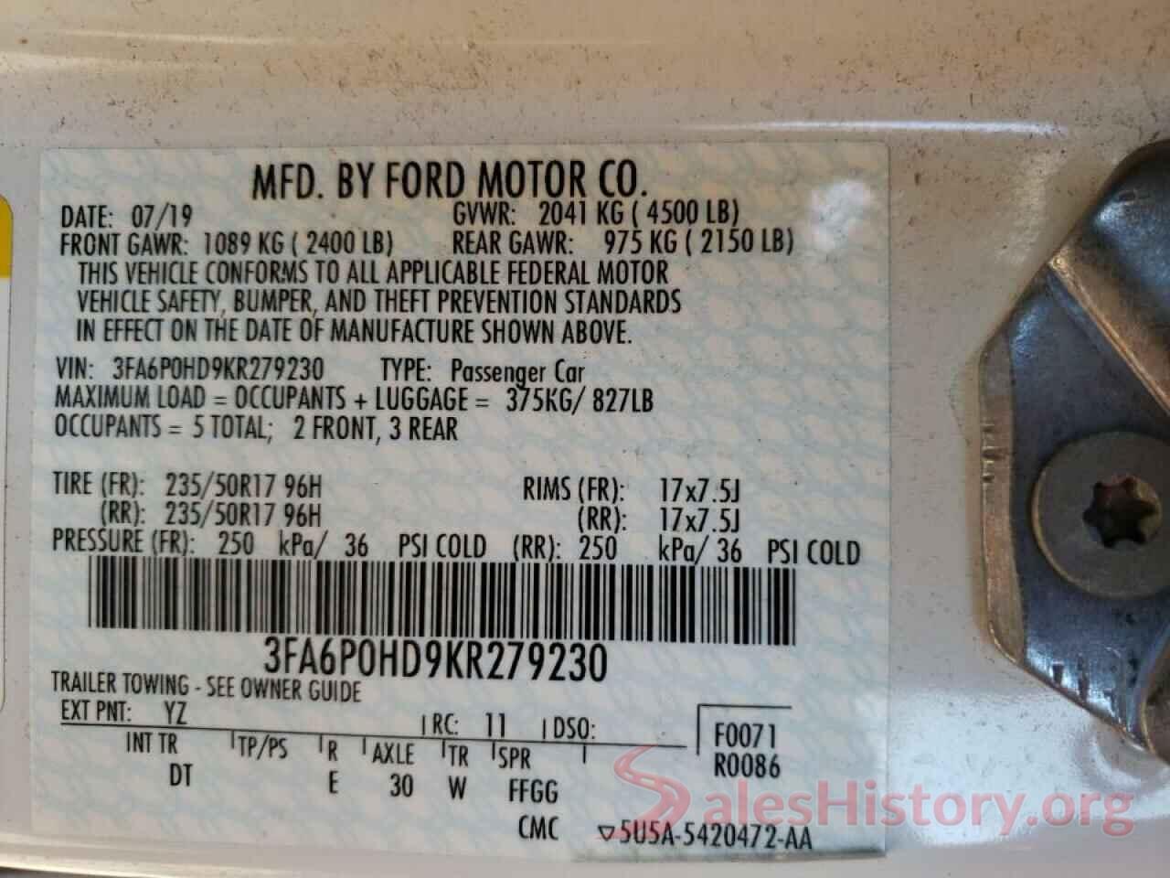 3FA6P0HD9KR279230 2019 FORD FUSION