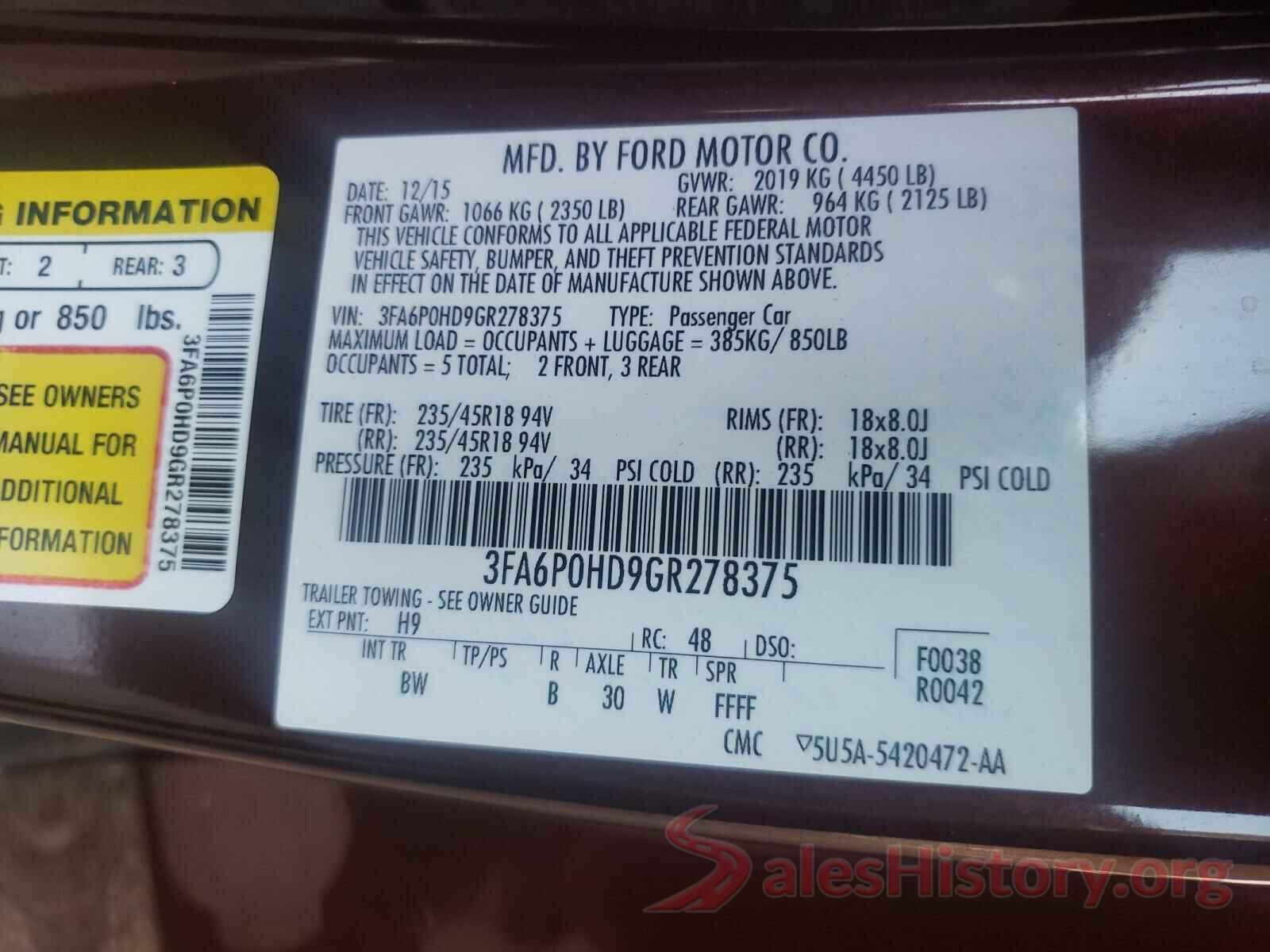 3FA6P0HD9GR278375 2016 FORD FUSION