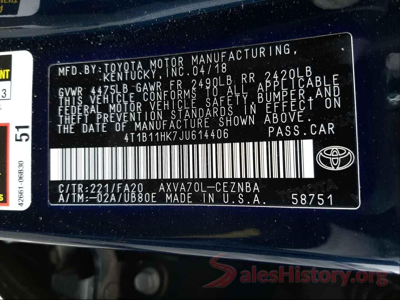 4T1B11HK7JU614406 2018 TOYOTA CAMRY