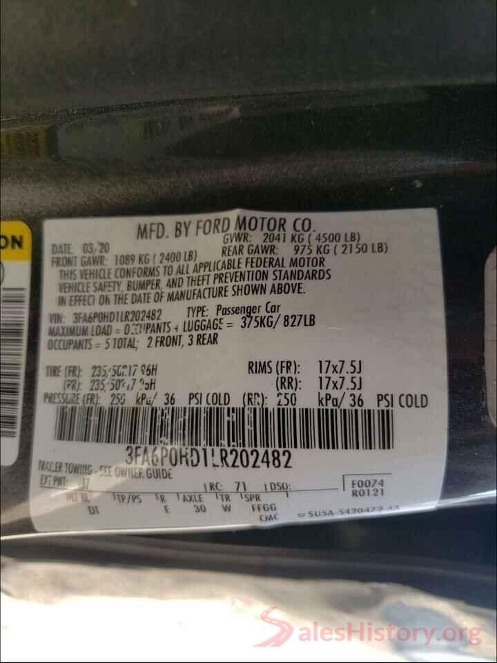 3FA6P0HD1LR202482 2020 FORD FUSION