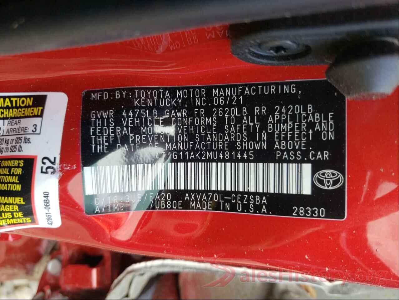 4T1G11AK2MU481445 2021 TOYOTA CAMRY