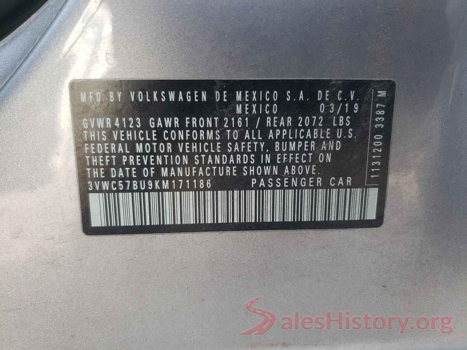 3VWC57BU9KM171186 2019 VOLKSWAGEN JETTA