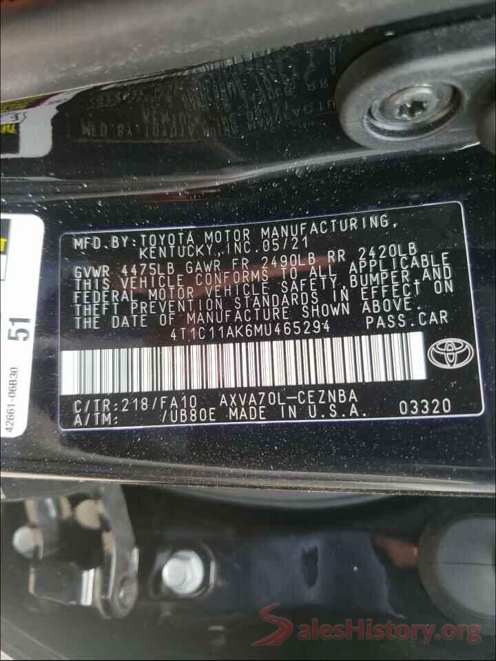 4T1C11AK6MU465294 2021 TOYOTA CAMRY