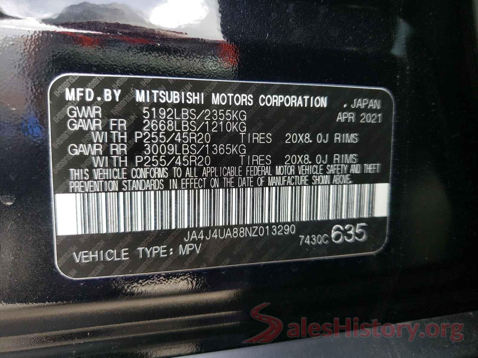 JA4J4UA88NZ013290 2022 MITSUBISHI OUTLANDER