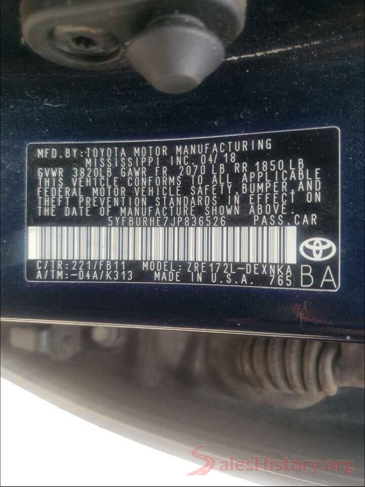 5YFBURHE7JP836526 2018 TOYOTA COROLLA