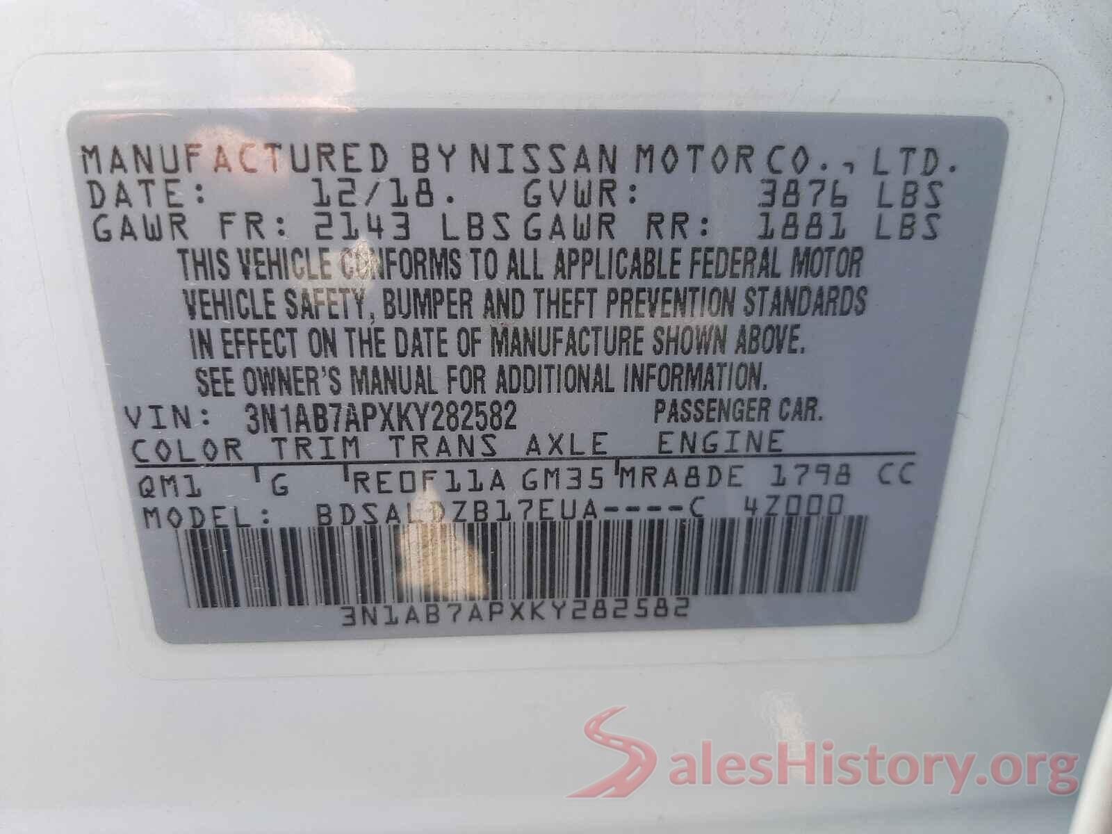 3N1AB7APXKY282582 2019 NISSAN SENTRA