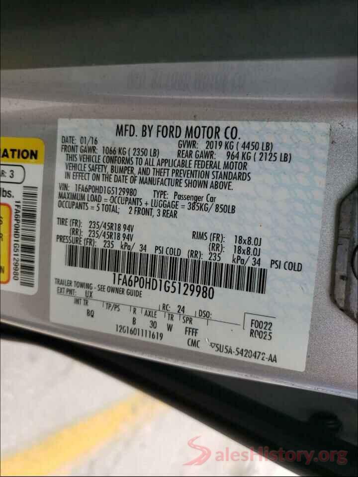 1FA6P0HD1G5129980 2016 FORD FUSION