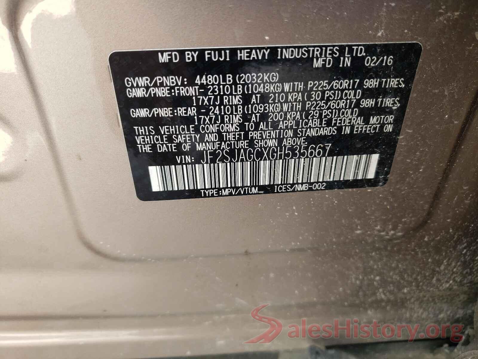 JF2SJAGCXGH535667 2016 SUBARU FORESTER