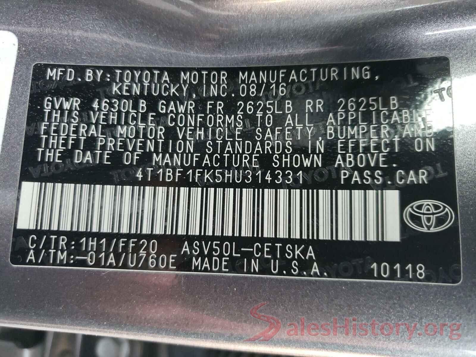 4T1BF1FK5HU314331 2017 TOYOTA CAMRY